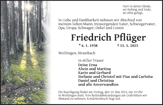 Traueranzeige von Friedrich Pflüger von Dinkelsbühl/ Feuchtwangen