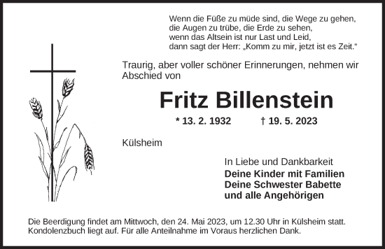 Traueranzeige von Fritz Billenstein von Neustadt/ Scheinfeld/ Uffenheim