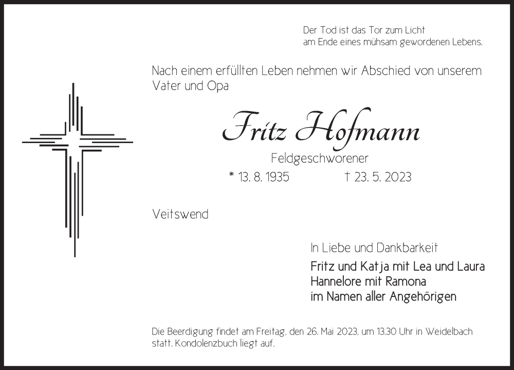  Traueranzeige für Fritz Hofmann vom 25.05.2023 aus Dinkelsbühl/ Feuchtwangen