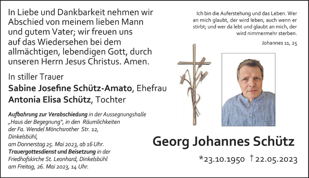  Traueranzeige für Georg Johannes Schütz vom 25.05.2023 aus Dinkelsbühl/ Feuchtwangen