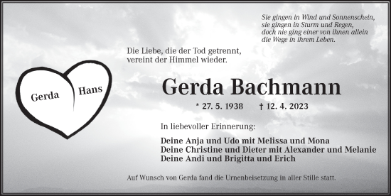 Traueranzeige von Gerda Bachmann von Ansbach