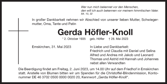 Traueranzeige von Gerda Höfler-Knoll von Neustadt/ Scheinfeld/ Uffenheim
