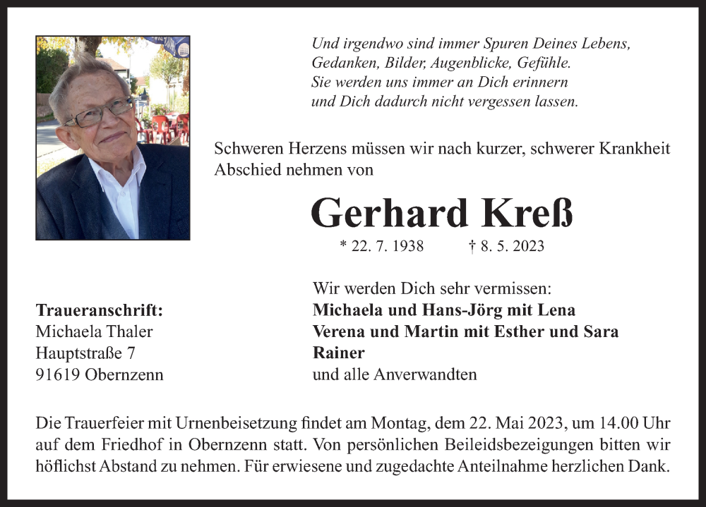  Traueranzeige für Gerhard Kreß vom 17.05.2023 aus Neustadt/ Scheinfeld/ Uffenheim