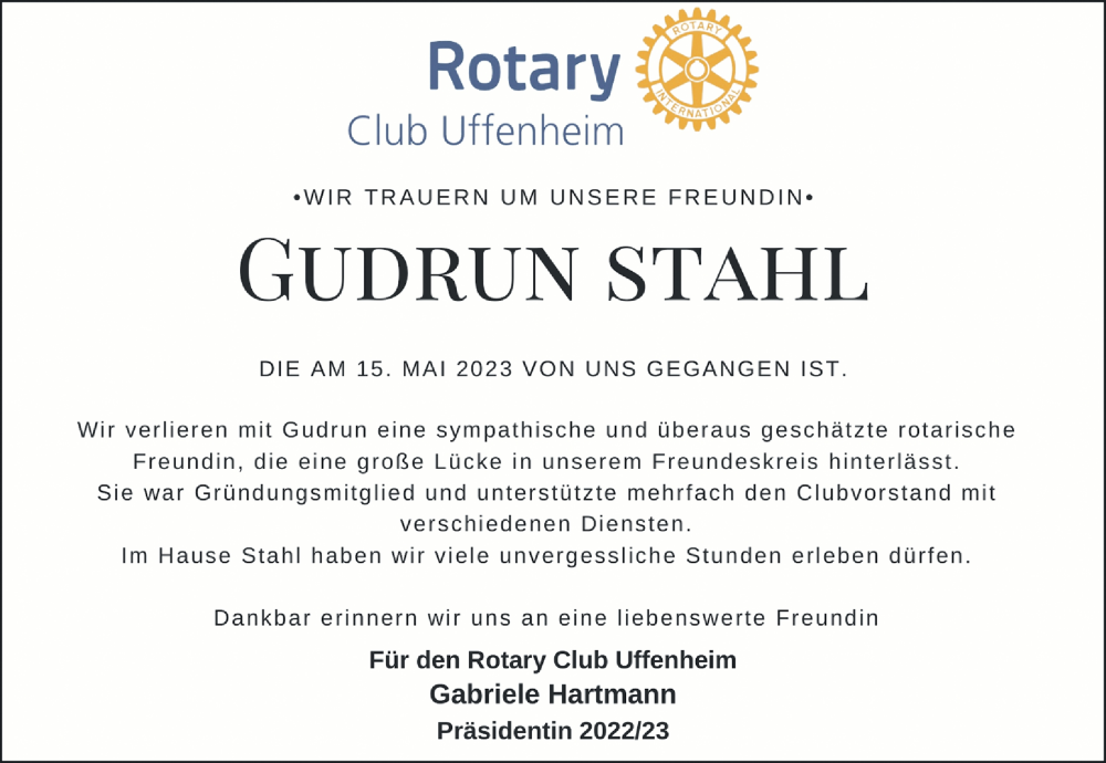  Traueranzeige für Gudrun Stahl vom 24.05.2023 aus Neustadt/ Scheinfeld/ Uffenheim