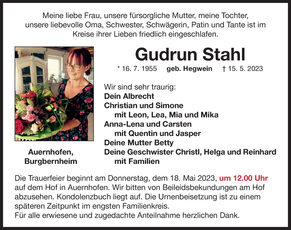  Traueranzeige für Gudrun Stahl vom 17.05.2023 aus Neustadt/ Scheinfeld/ Uffenheim