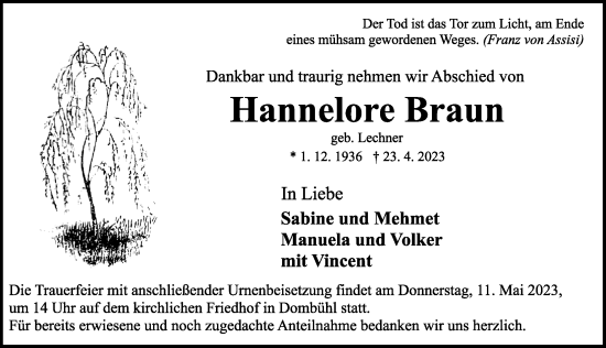 Traueranzeige von Hannelore Braun von Ansbach