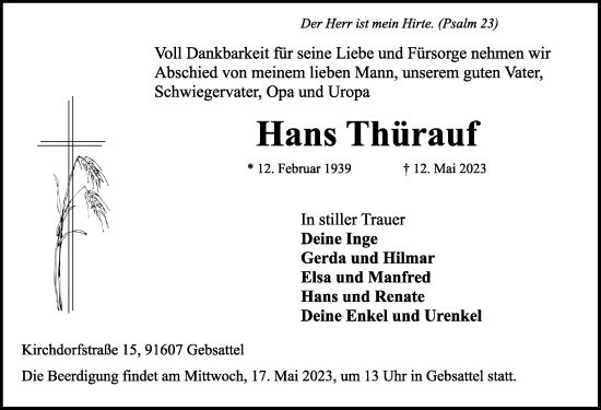 Traueranzeige von Hans Thürauf von Rothenburg