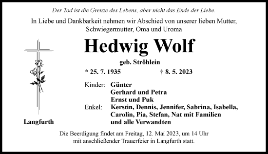 Traueranzeige von Hedwig Wolf von Dinkelsbühl/ Feuchtwangen