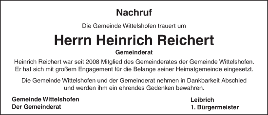 Traueranzeige von Heinrich Reichert von Dinkelsbühl/ Feuchtwangen