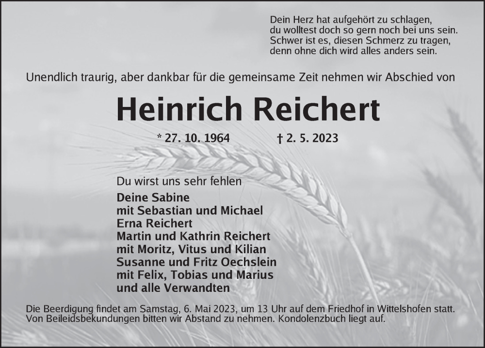  Traueranzeige für Heinrich Reichert vom 05.05.2023 aus Dinkelsbühl/ Feuchtwangen