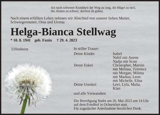 Traueranzeige von Helga-Bianca Stellwag von Neustadt/ Scheinfeld/ Uffenheim