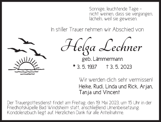 Traueranzeige von Helga Lechner von Neustadt/ Scheinfeld/ Uffenheim