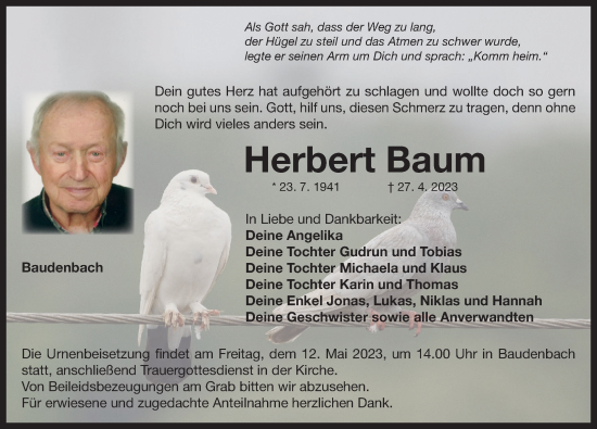 Traueranzeige von Herbert Baum von Neustadt/ Scheinfeld/ Uffenheim