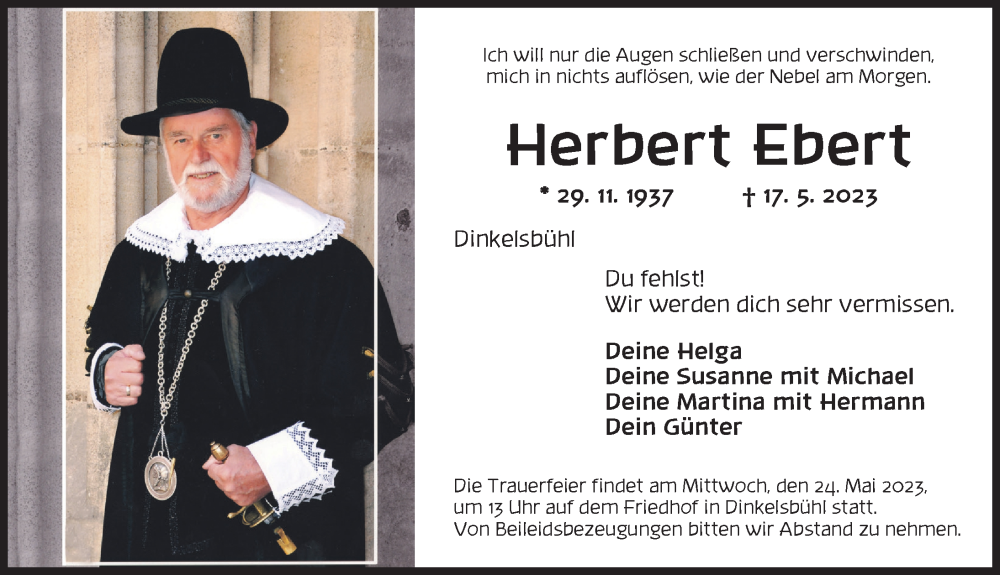  Traueranzeige für Herbert Ebert vom 22.05.2023 aus Dinkelsbühl/ Feuchtwangen