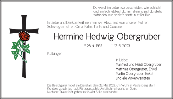 Traueranzeige von Hermine Hedwig Obergruber von Ansbach