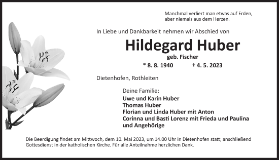 Traueranzeige von Hildegard Huber von Ansbach