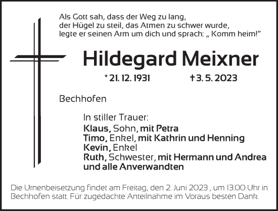 Traueranzeige von Hildegard Meixner von Dinkelsbühl/ Feuchtwangen