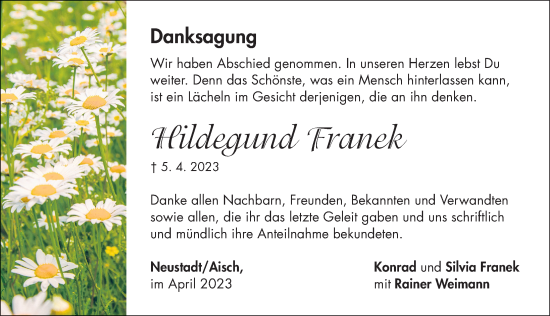Traueranzeige von Hildegund Franek von Neustadt/ Scheinfeld/ Uffenheim