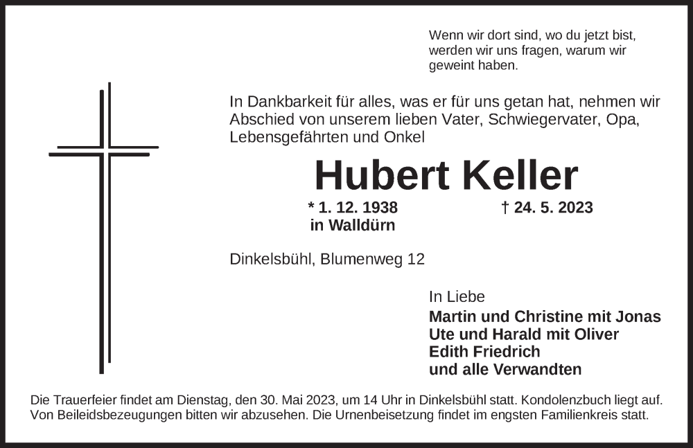  Traueranzeige für Hubert Keller vom 26.05.2023 aus Dinkelsbühl/ Feuchtwangen