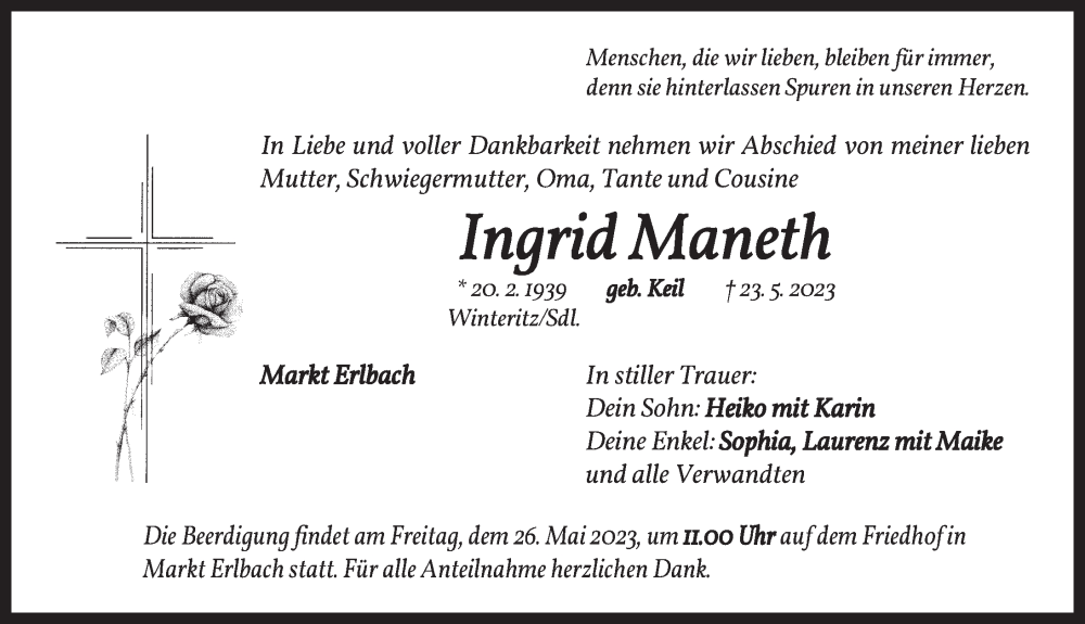  Traueranzeige für Ingrid Maneth vom 25.05.2023 aus Neustadt/ Scheinfeld/ Uffenheim