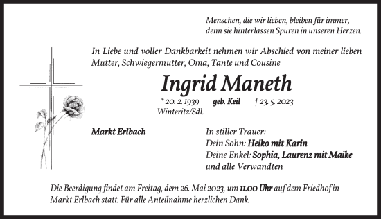 Traueranzeige von Ingrid Maneth von Neustadt/ Scheinfeld/ Uffenheim