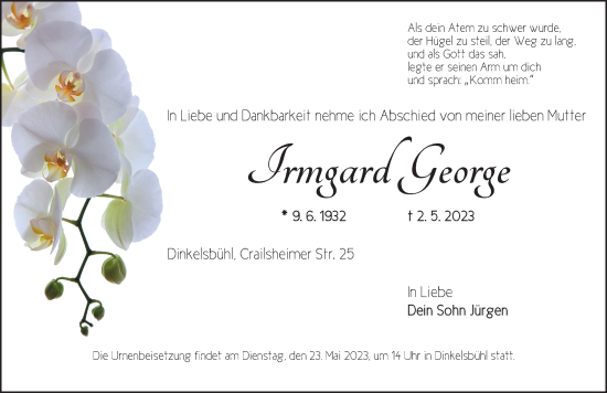 Traueranzeige von Irmgard George von Dinkelsbühl/ Feuchtwangen