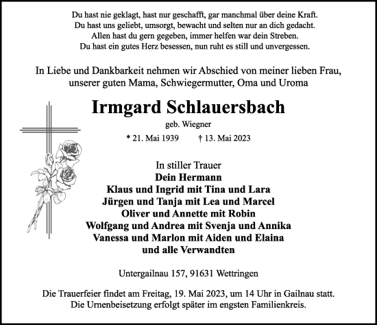 Traueranzeige von Irmgard Schlauersbach von Rothenburg