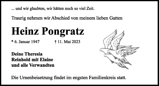 Traueranzeige von Johann Pongratz von Ansbach