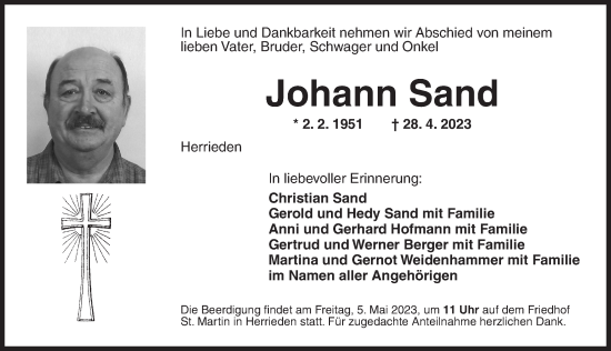 Traueranzeige von Johann Sand von Ansbach