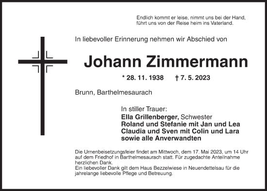 Traueranzeige von Johann Zimmermann von Ansbach