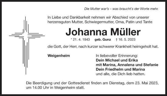 Traueranzeige von Johanna Müller von Neustadt/ Scheinfeld/ Uffenheim