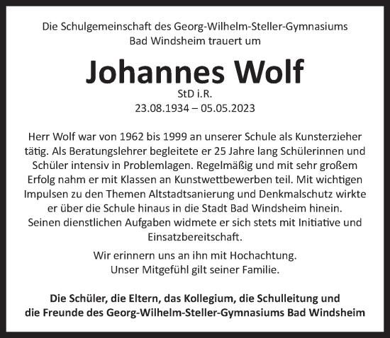 Traueranzeige von Johannes Wolf von Neustadt/ Scheinfeld/ Uffenheim