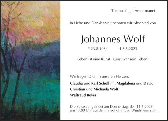 Traueranzeige von Johannes Wolf von Neustadt/ Scheinfeld/ Uffenheim