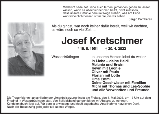 Traueranzeige von Josef Kretschmer von Dinkelsbühl/ Feuchtwangen