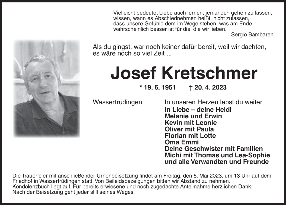  Traueranzeige für Josef Kretschmer vom 03.05.2023 aus Dinkelsbühl/ Feuchtwangen