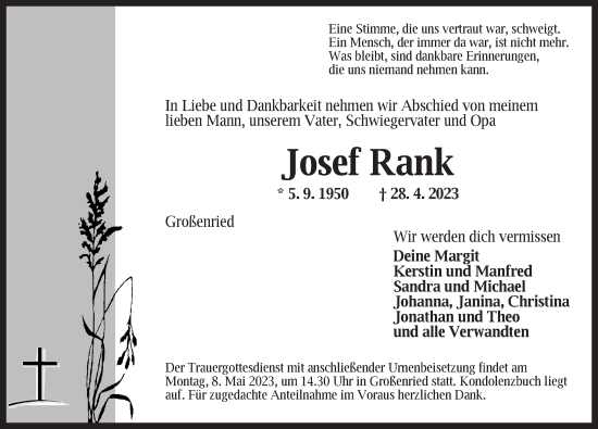 Traueranzeige von Josef Rank von Ansbach