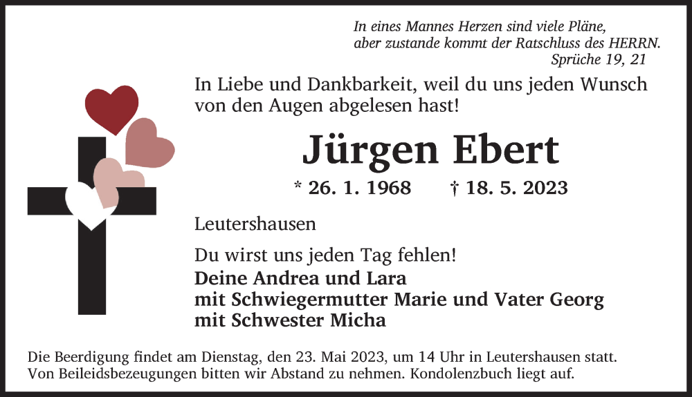  Traueranzeige für Jürgen Ebert vom 20.05.2023 aus Ansbach