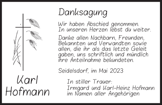 Traueranzeige von Karl Hofmann von Dinkelsbühl/ Feuchtwangen