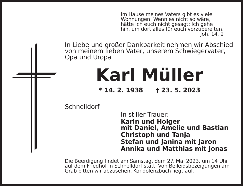  Traueranzeige für Karl Müller vom 26.05.2023 aus Dinkelsbühl/ Feuchtwangen