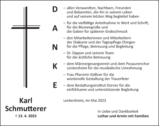 Traueranzeige von Karl Schmutterer von Dinkelsbühl/ Feuchtwangen