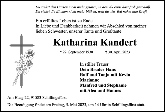 Traueranzeige von Katharina Kandert von Rothenburg