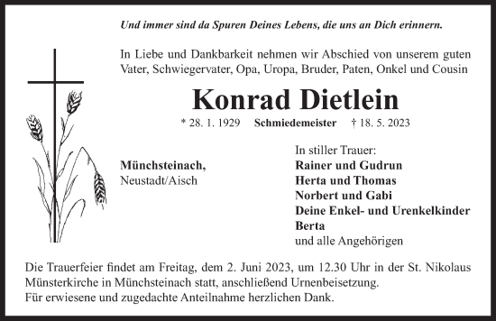 Traueranzeige von Konrad Dietlein von Neustadt/ Scheinfeld/ Uffenheim