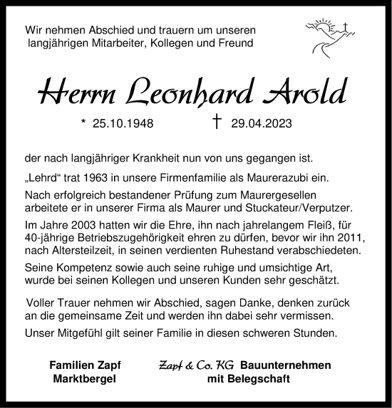 Traueranzeige von Leonhard Arold von Neustadt/ Scheinfeld/ Uffenheim