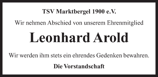 Traueranzeige von Leonhard Arold von Neustadt/ Scheinfeld/ Uffenheim