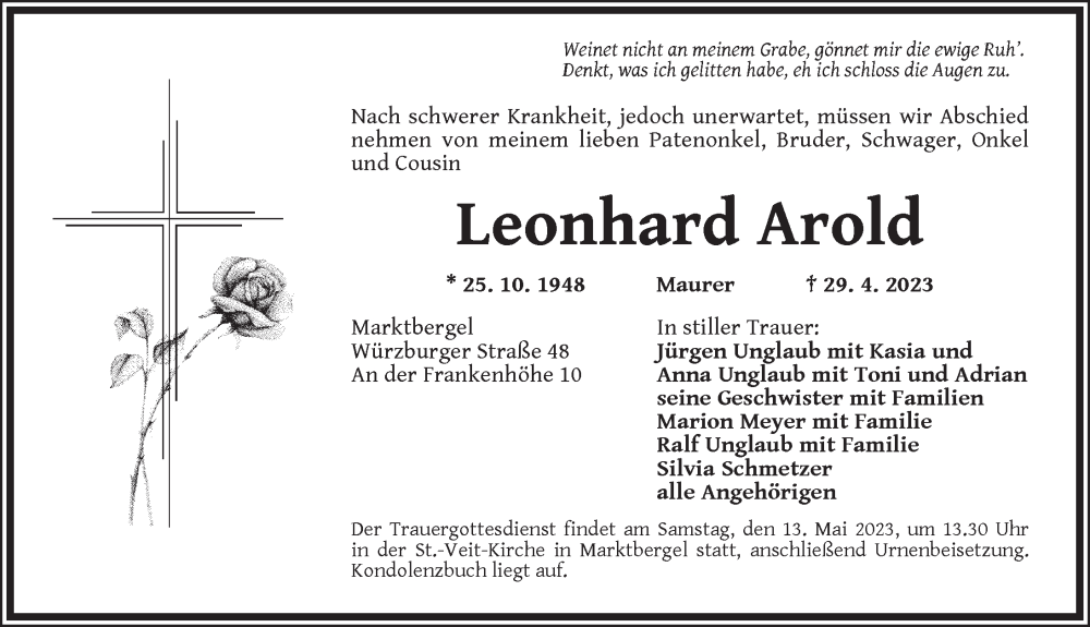  Traueranzeige für Leonhard Arold vom 11.05.2023 aus Neustadt/ Scheinfeld/ Uffenheim