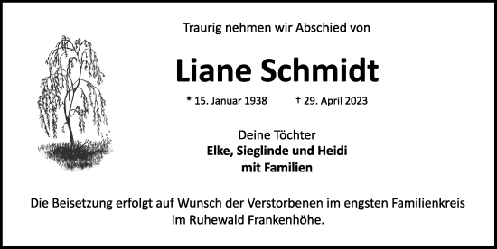 Traueranzeige von Liane Schmidt von Rothenburg
