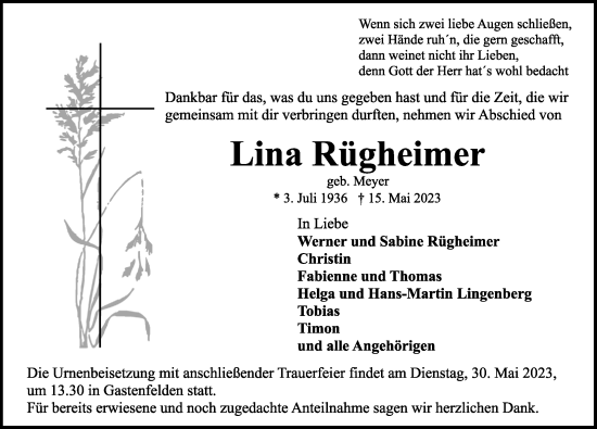 Traueranzeige von Lina Rügheimer von Rothenburg