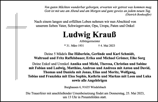 Traueranzeige von Ludwig Krauß von Ansbach