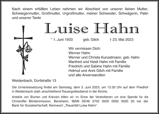 Traueranzeige von Luise Hahn von Ansbach