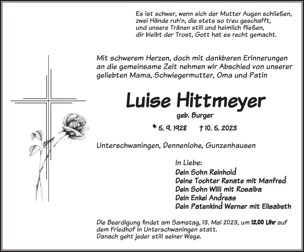  Traueranzeige für Luise Hittmeyer vom 12.05.2023 aus Dinkelsbühl/ Feuchtwangen